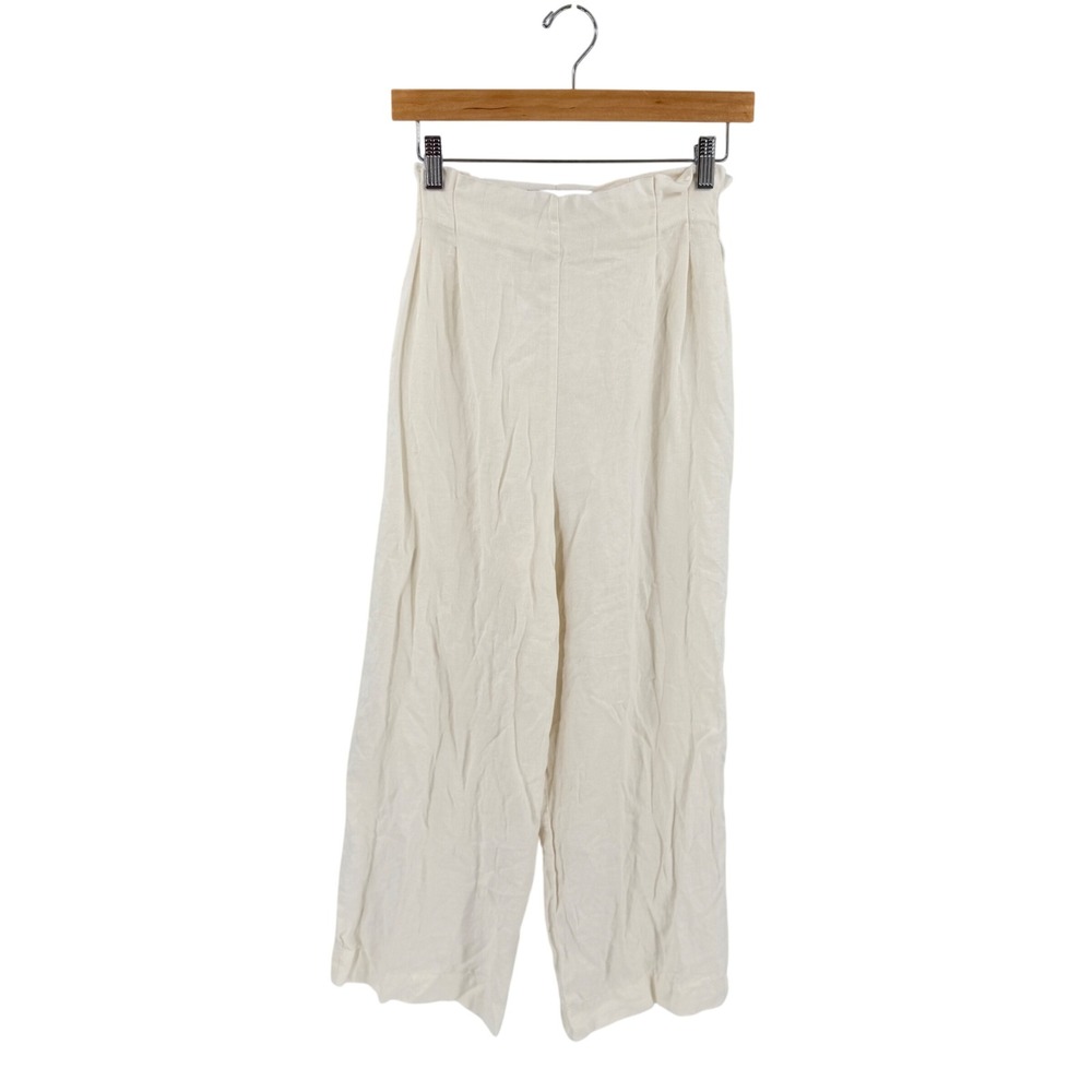 Zara Wide Leg Pants Cream Medium Linen Blend Tie Waist High Rise Boho Neutral
